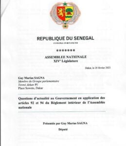 Questions orales et d’actualité : GMS saisit le pdt de l’Assemblée nationale