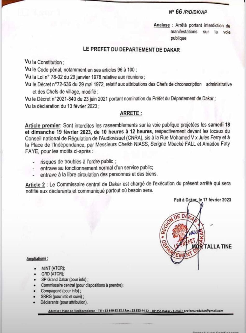 Le Préfet de Dakar interdit les autres rassemblements de Walf