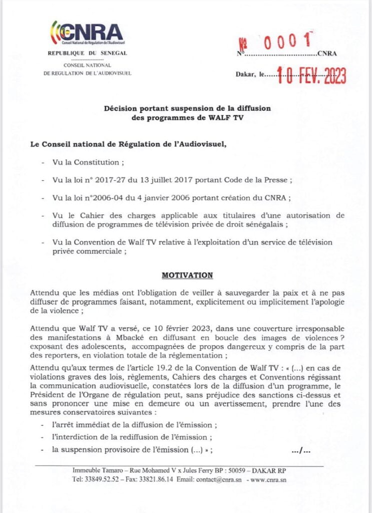 Coupure signal Walf : Le CNRA s'explique (Document)