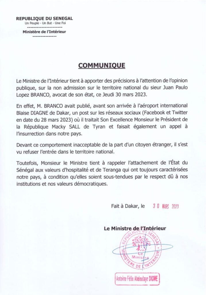 Expulsion de Me Juan Branco : Antoine Diome s'explique - (Document)