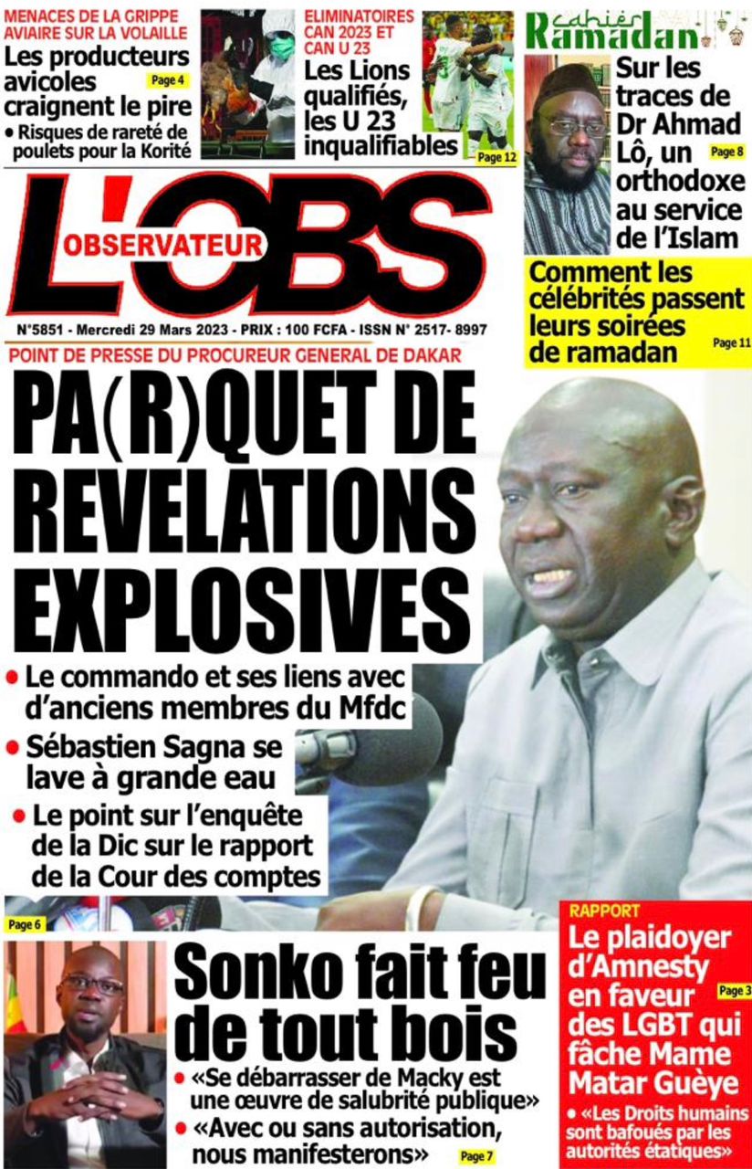 Une des journaux du mercredi 29 mars 2023