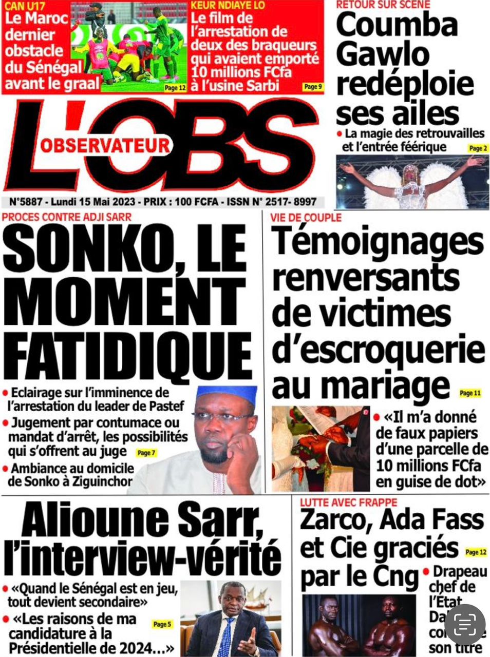 Une des journaux du lundi 15 mai 2023