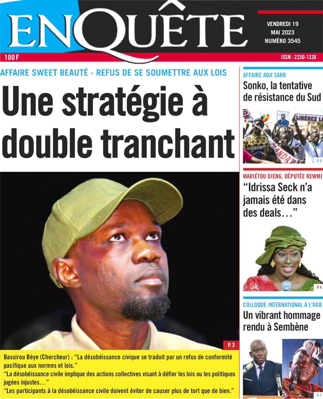 Une des journaux du vendredi 19 mai 2023