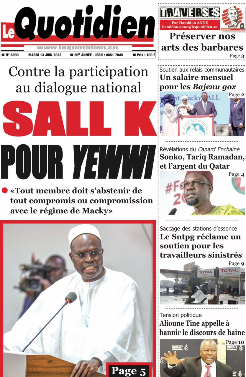 Une des journaux du mardi 13 juin 2023