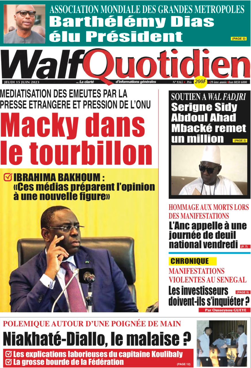 Une des journaux du jeudi 15 juin 2023