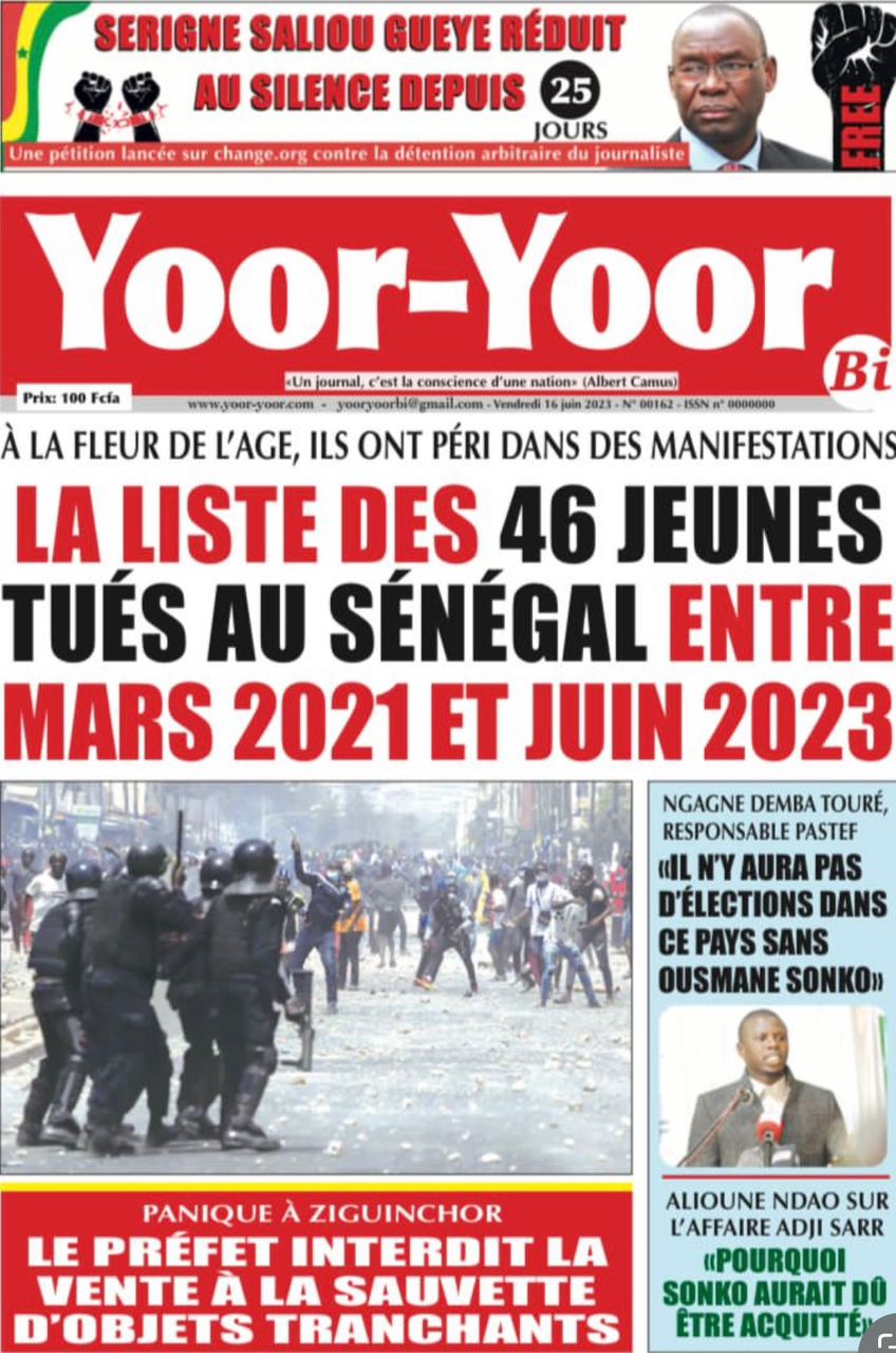 Une des journaux du vendredi 16 juin 2023