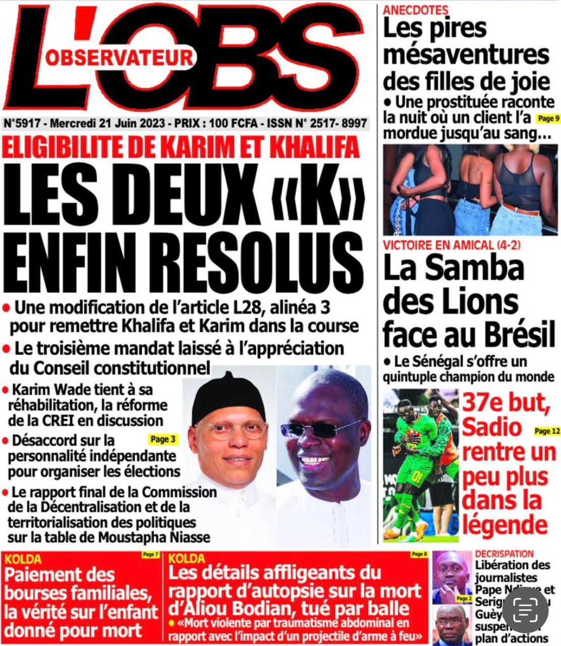 Une des journaux du mercredi 21 juin 2023