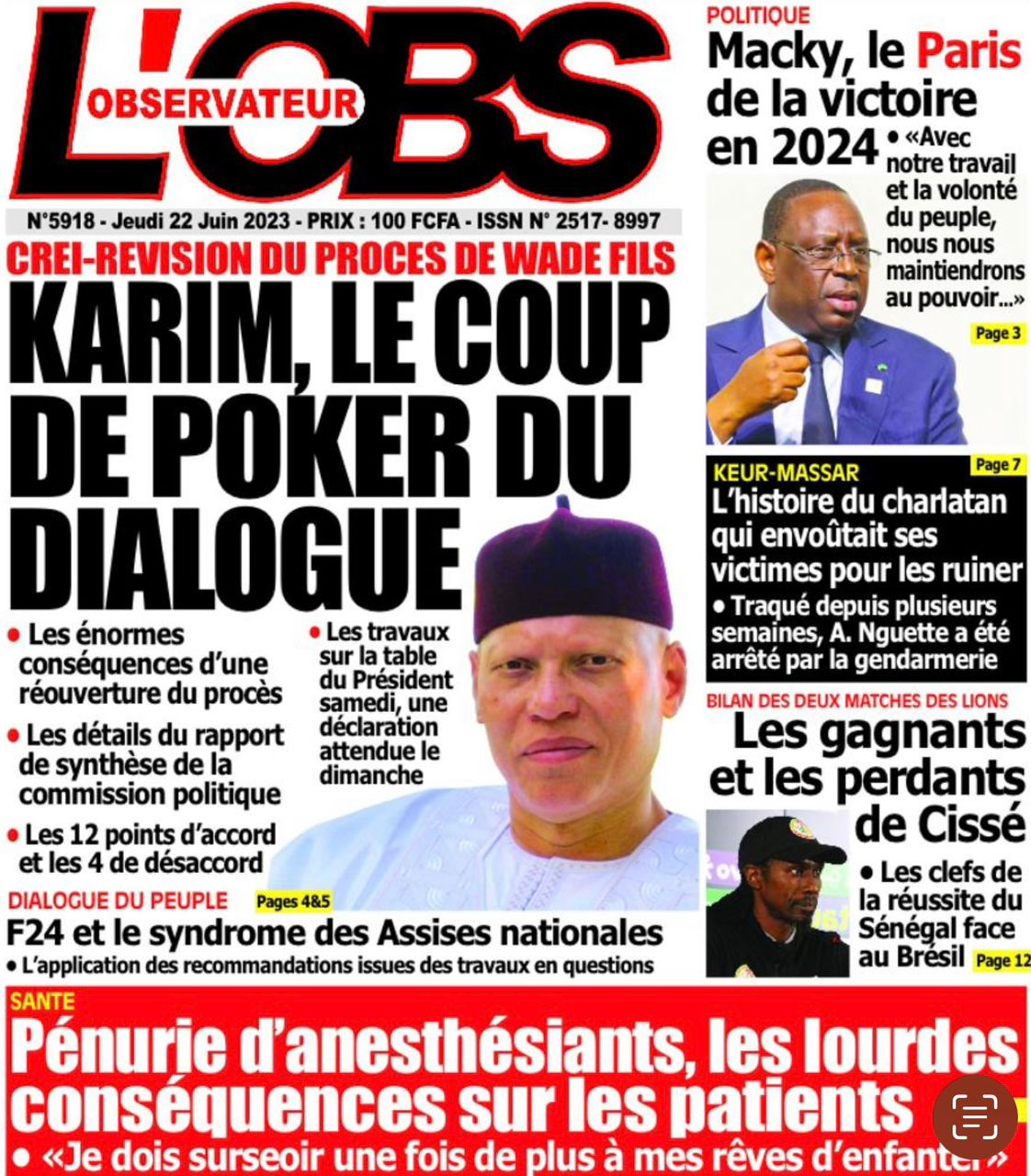 Une des journaux du jeudi 22 juin 2023