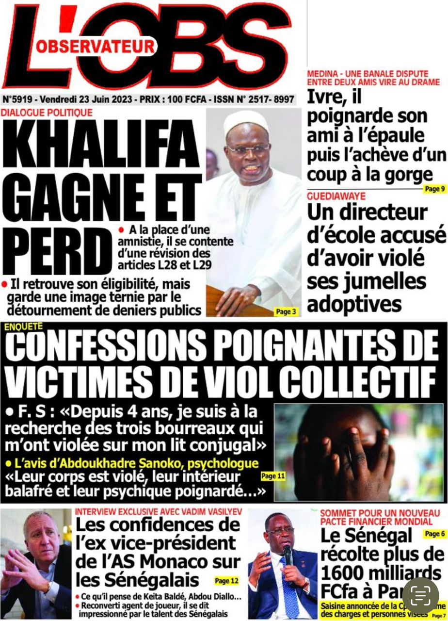 Une des journaux du vendredi 23 juin 2023