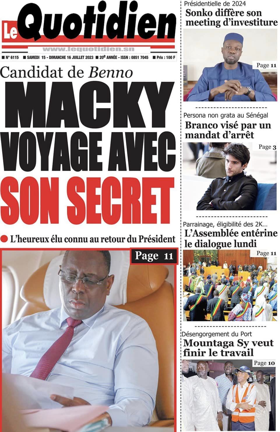 Une des journaux du samedi 15 juillet 2023