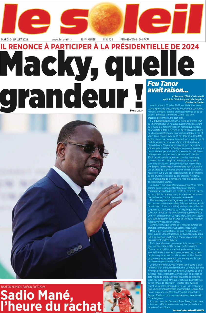 Une des journaux du mardi 04 juillet 2023