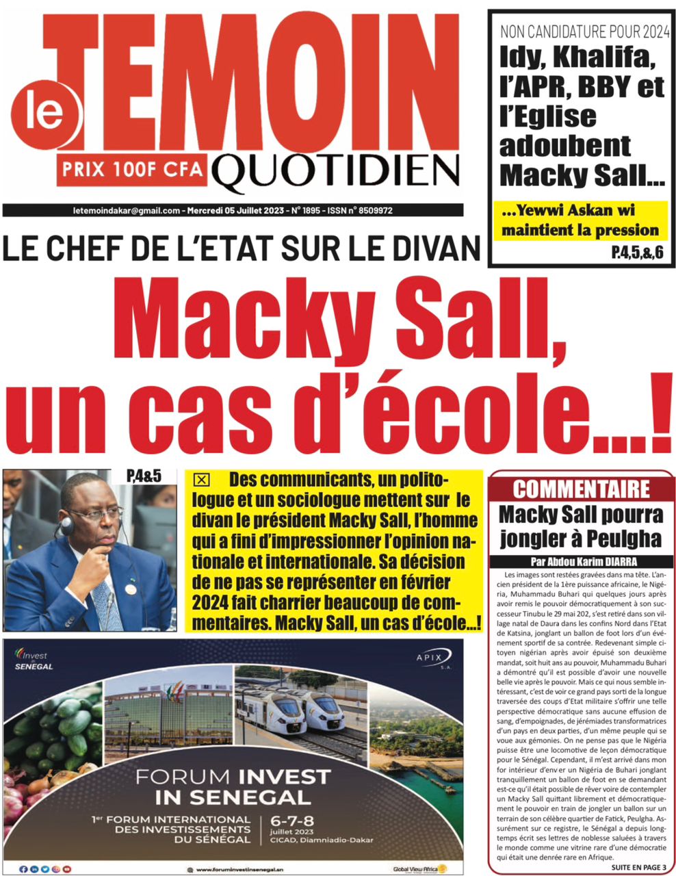 Une des journaux du mercredi 05 juillet 2023