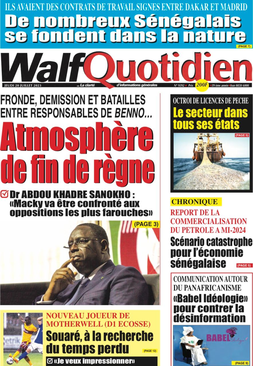 Une des journaux du jeudi 20 juillet 2023