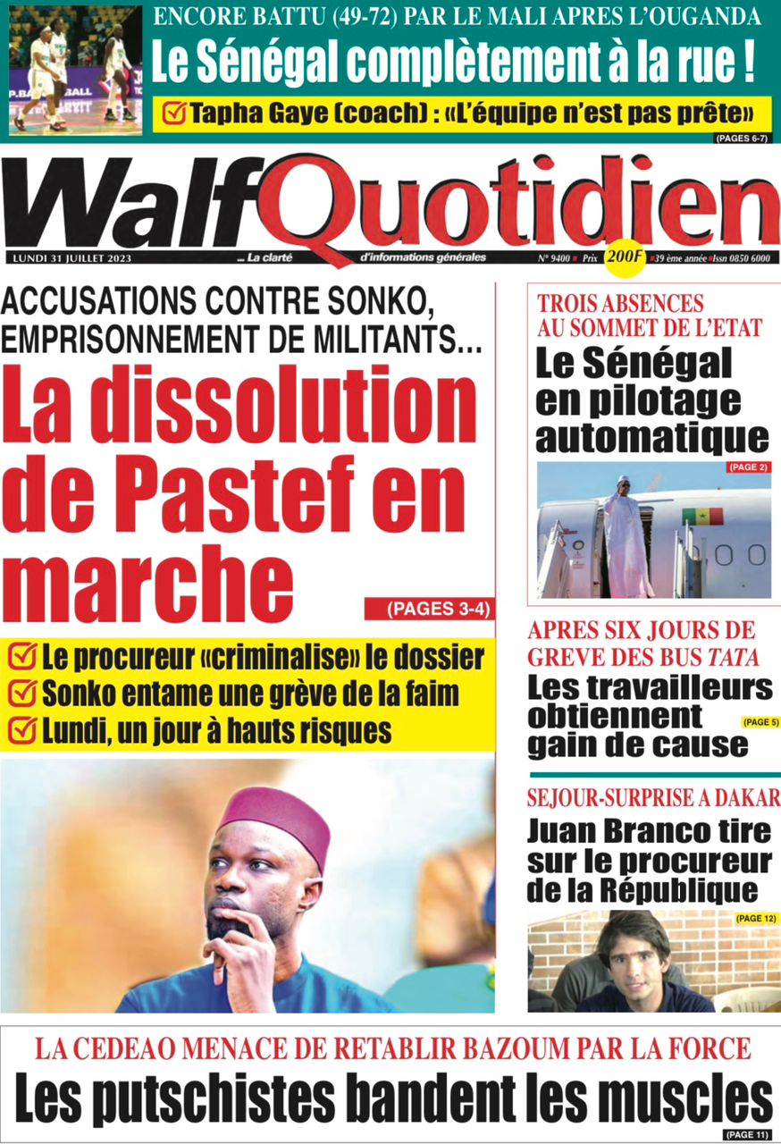 Une des journaux du lundi 31 juillet 2023