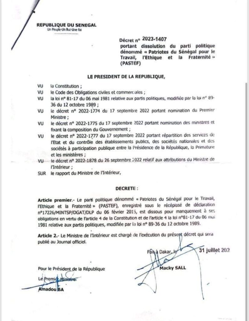 Dissolution du parti Pastef : Macky Sall a signé le décret -(Document)