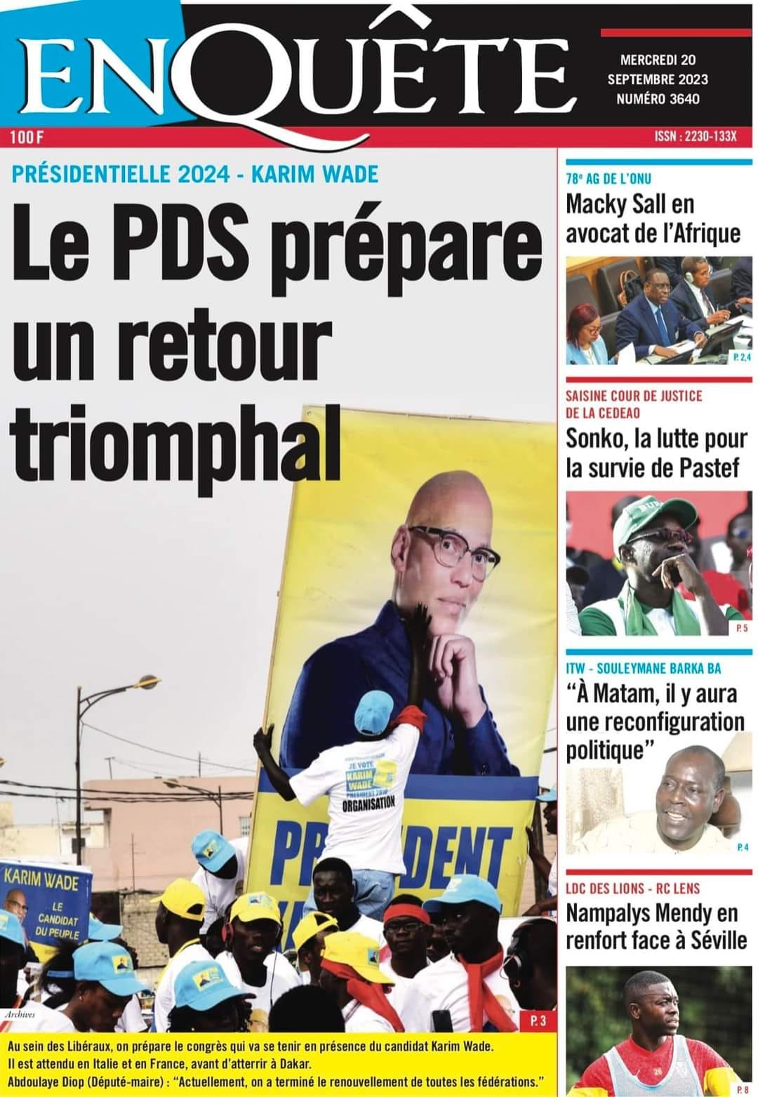 Une des journaux du mercredi 20 septembre 2023