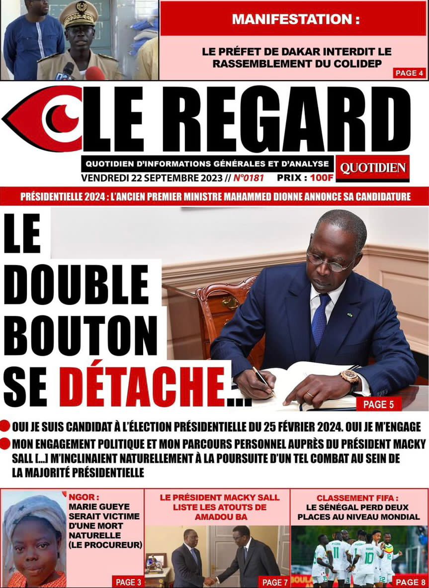 Une des journaux du vendredi 22 septembre 2023