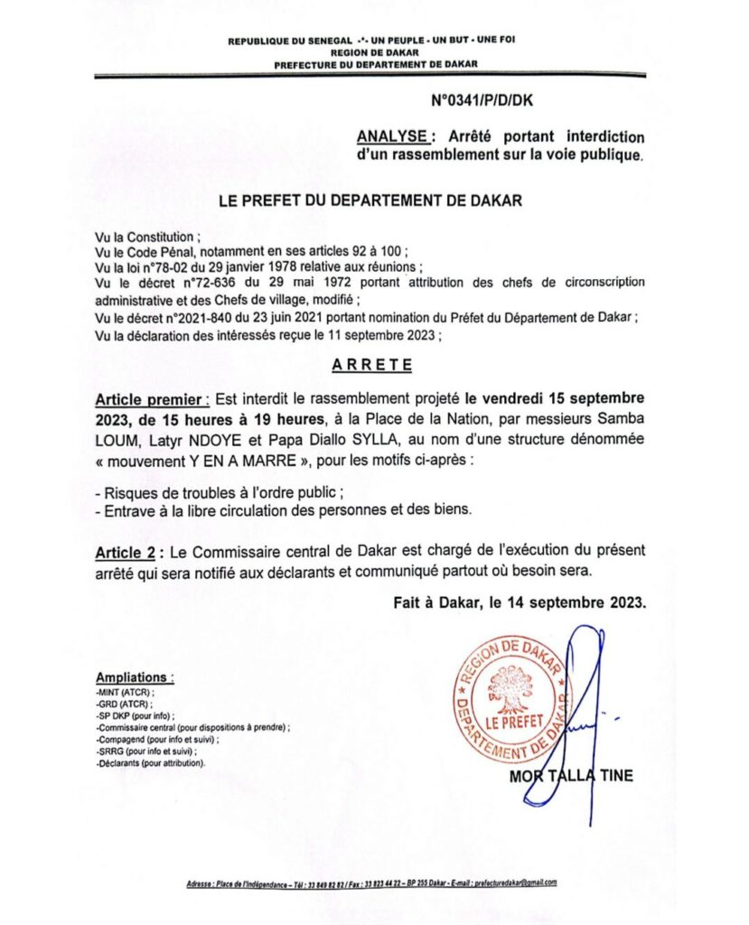 Photo : Le préfet de Dakar interdit une manifestation organisée par 