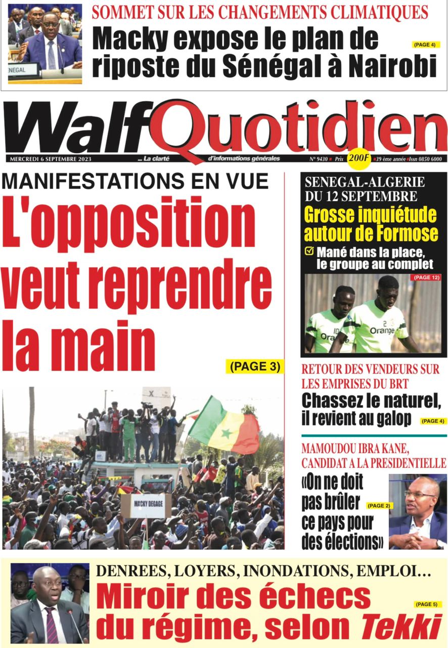 Une des journaux du mercredi 06 septembre 2023