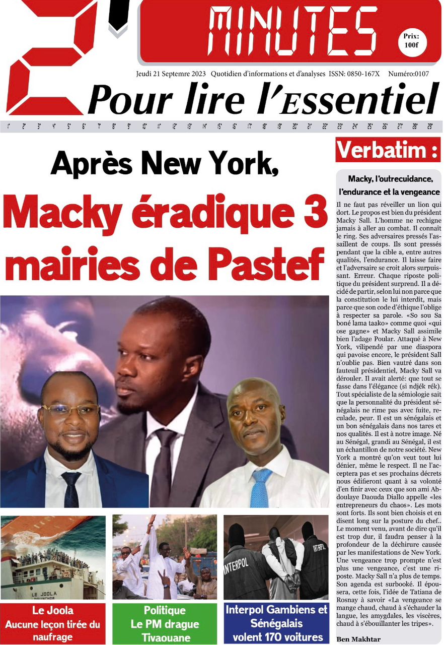 Une des journaux du jeudi 21 septembre 2023