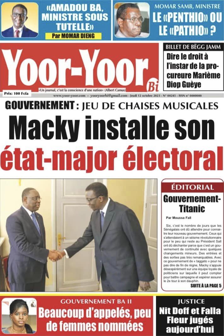 Une des journaux du jeudi 12 octobre 2023
