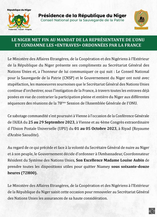 Photo: Le CNSP du Niger donne un ultimatum à la représentante de l
