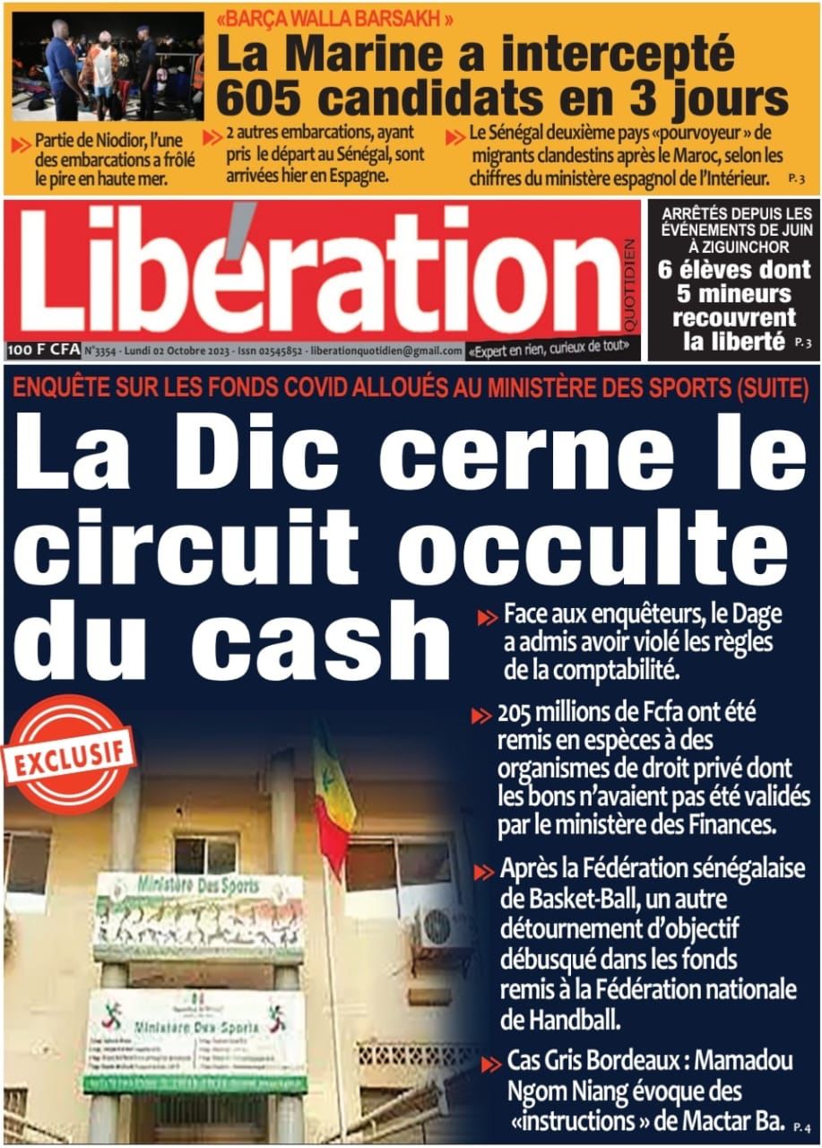 Une des journaux du lundi 02 octobre 2023