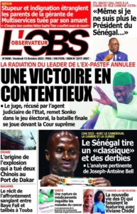 Une des journaux du vendredi 13 octobre 2023
