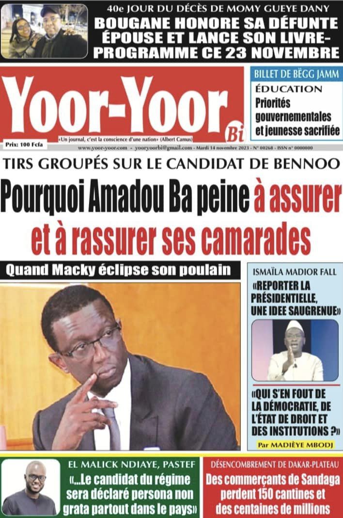 Une des journaux du mardi 14 novembre 2023