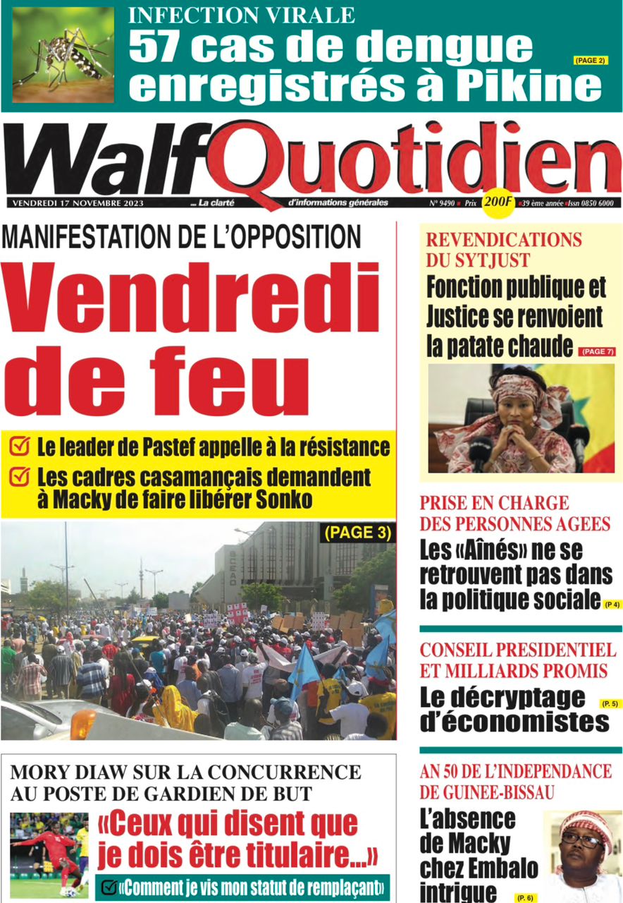 Une des journaux du vendredi 17 novembre 2023