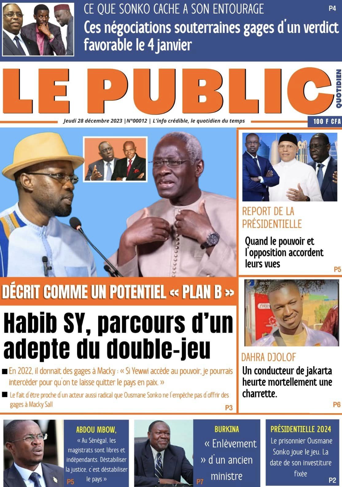Une des journaux du jeudi 28 décembre 2023