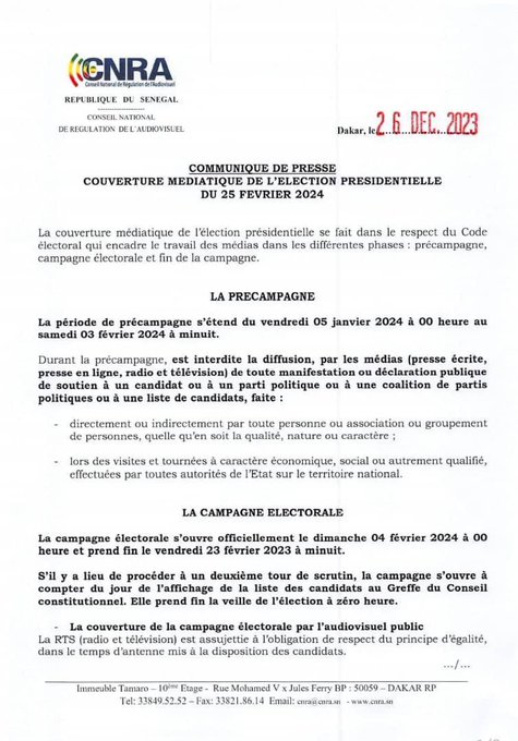 Présidentielle 2024 au Sénégal: le CNRA fixe le cadre médiatique de la campagne
