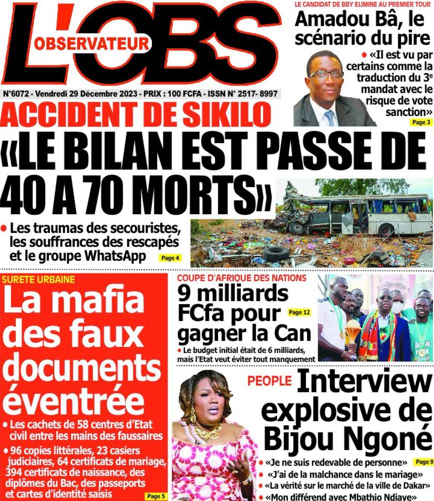 Une des journaux du vendredi 29 décembre 2023