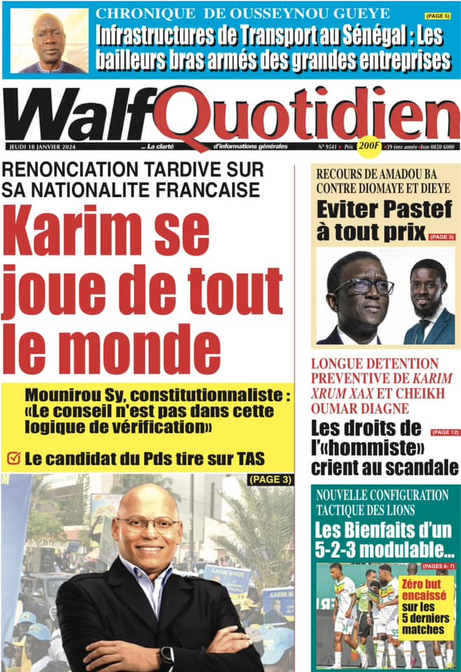 Une des journaux du jeudi 18 janvier 2024