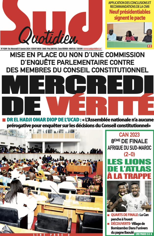 Une des journaux du mercredi 31 janvier 2024