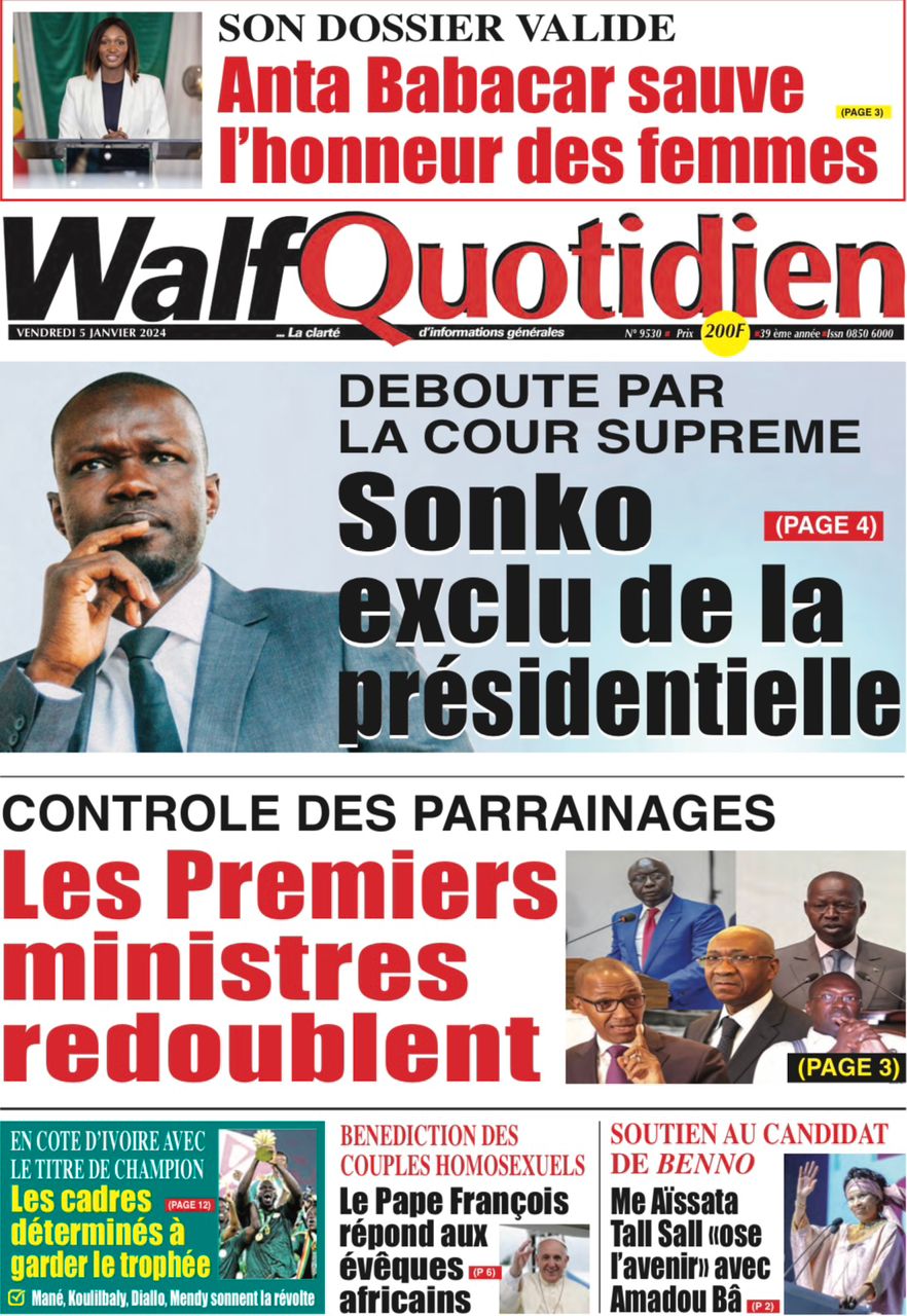 Une des journaux du vendredi 05 janvier 2024