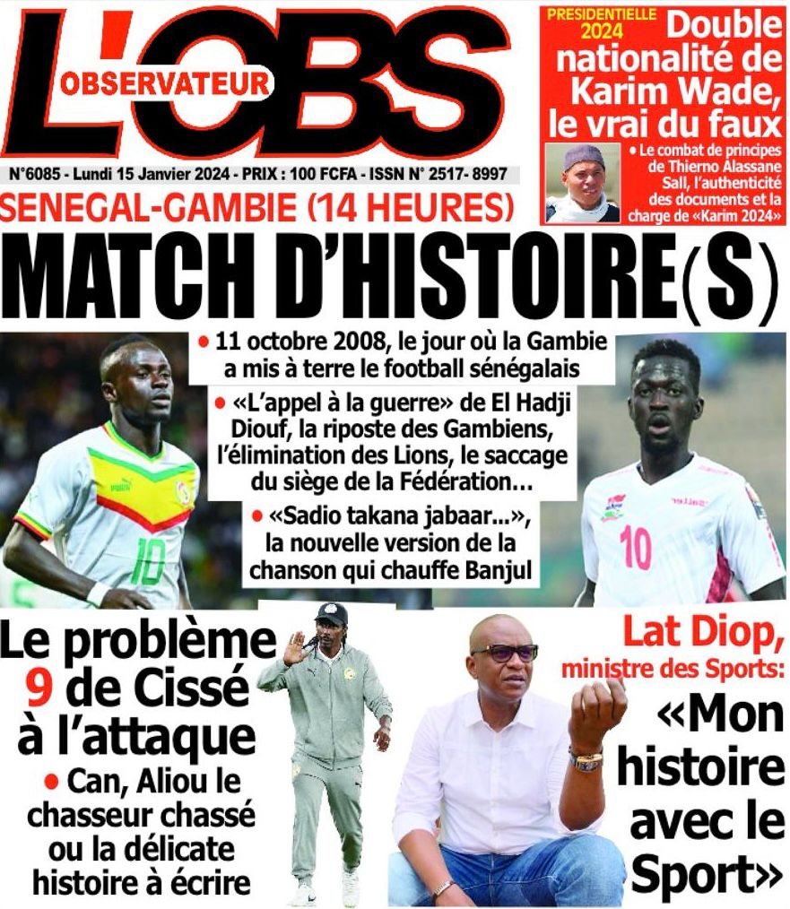 Une des journaux du lundi 15 janvier 2024