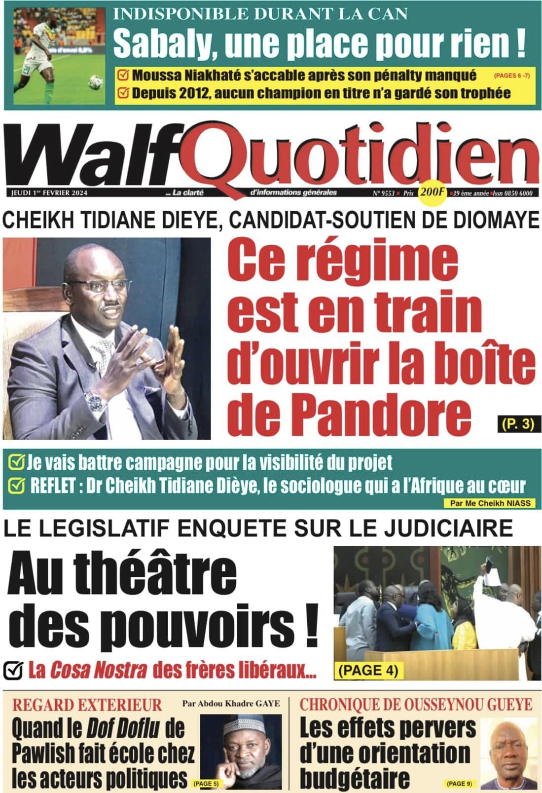 Une des journaux du jeudi 1er février 2024