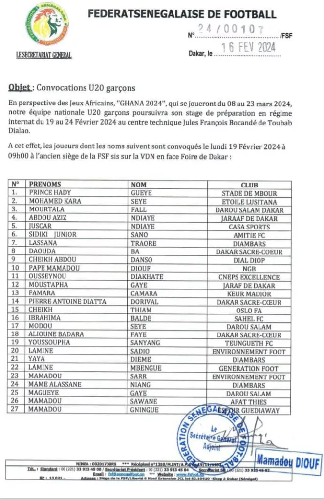 Photo: Les U20 du Sénégal en préparation pour les Jeux africains au Ghana