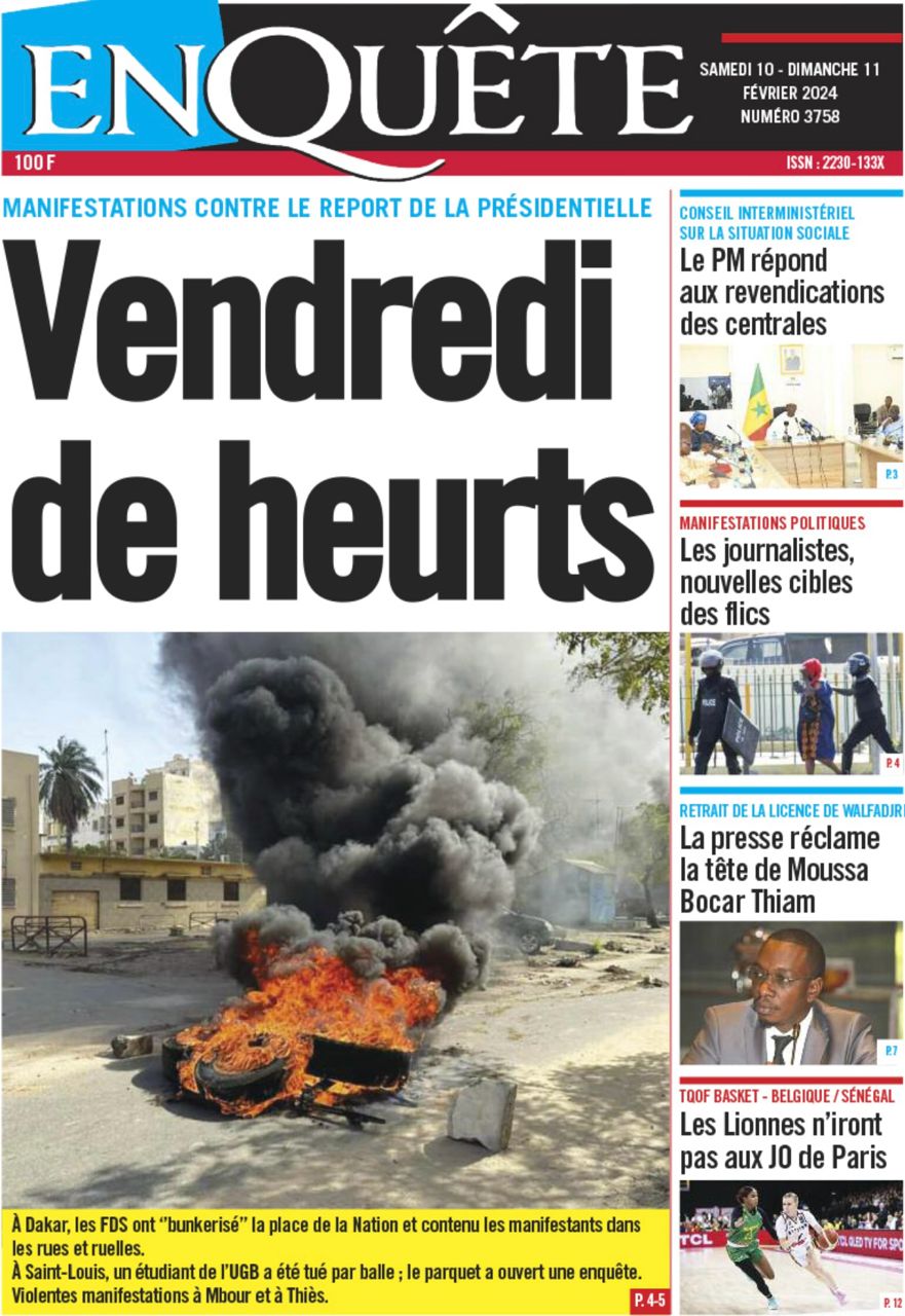 Une des journaux du samedi 10 février 2024