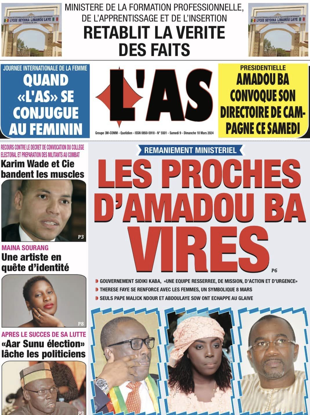 Une des journaux du samedi 09 mars 2024