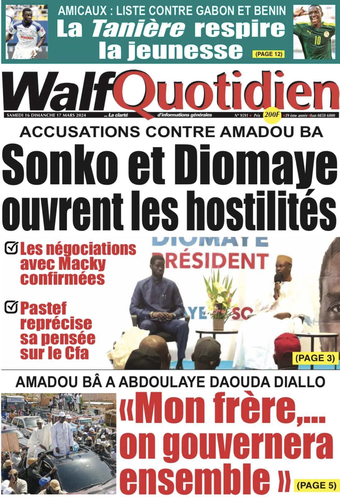 Une des journaux du samedi 16 mars 2024