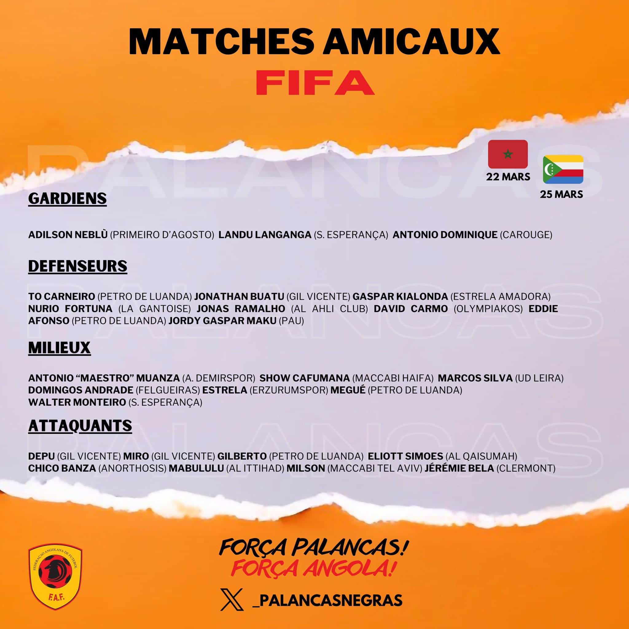 Photo: Angola sans certaines stars de la CAN pour affronter le Maroc et les Comores