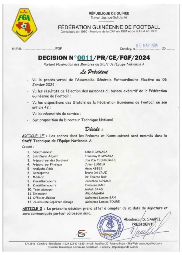 Photo: Kaba Diawara reconduit à la tête du Syli National de Guinée