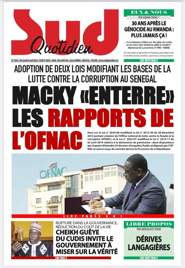 Découvrez les Unes des journaux sénégalais du lundi 08 avril 2024