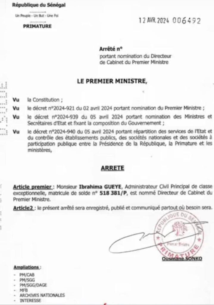 Primature : Ibrahima Guèye nommé directeur de cabinet du PM Ousmane Sonko