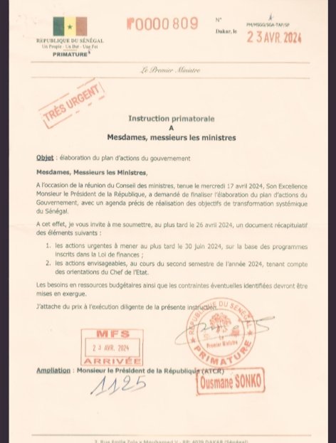 Élaboration du plan d'action du gouvernement : Découvrez les instructions du PM Ousmane Sonko aux ministres 