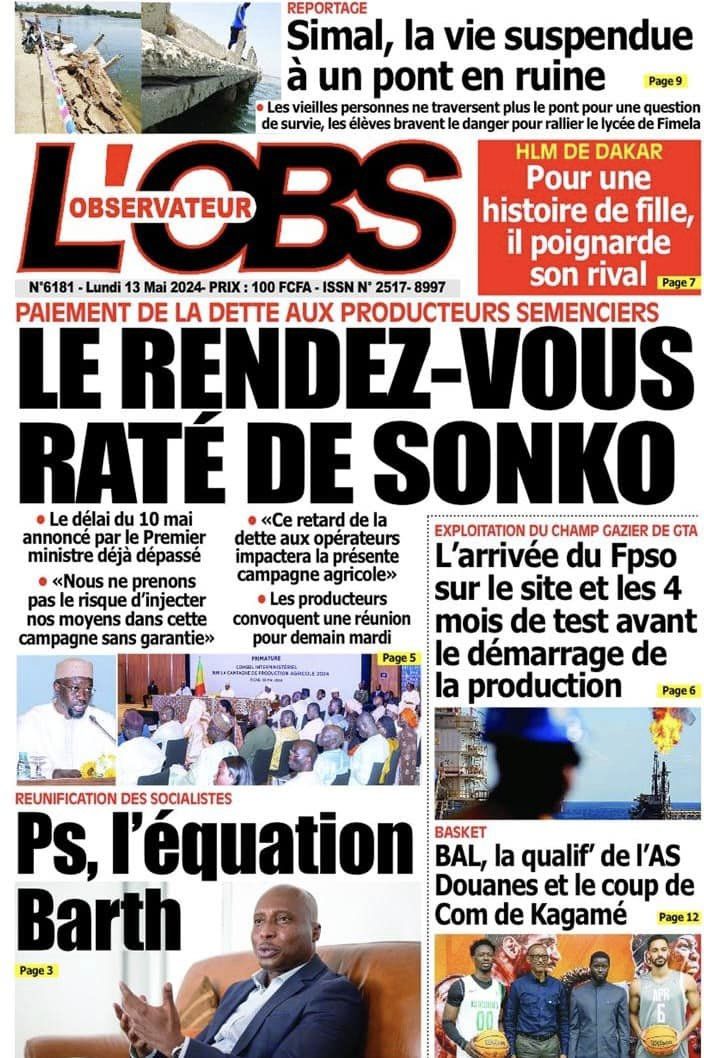 Découvrez les Unes des journaux Sénégalais du lundi 13 mai 2024