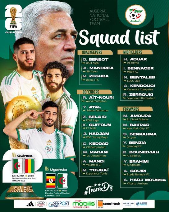 Photo: Algérie dévoile sa liste pour les éliminatoires du Mondial sans Mahrez