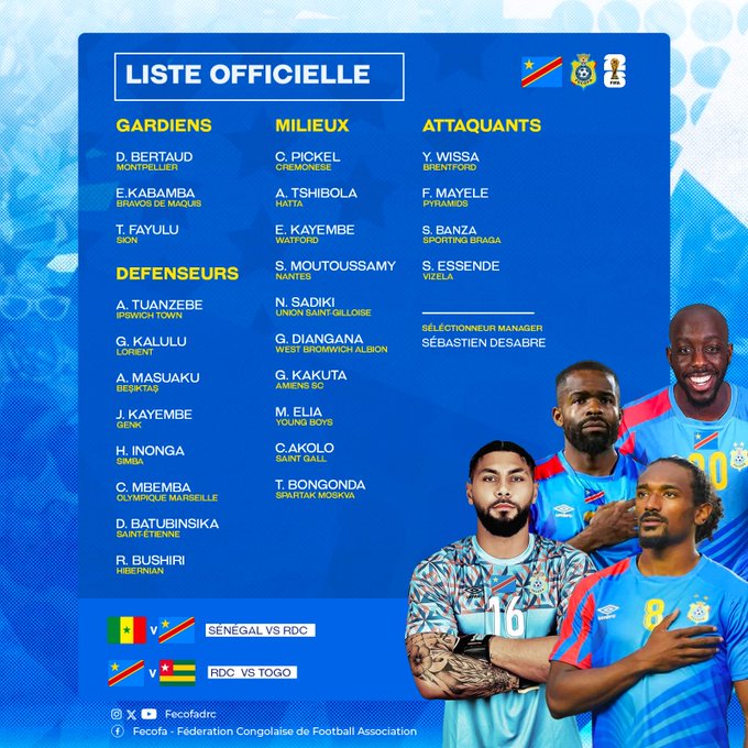 Photo: La RD Congo affrontera le Sénégal et le Togo en juin pour les éliminatoires de la Coupe du monde 2026